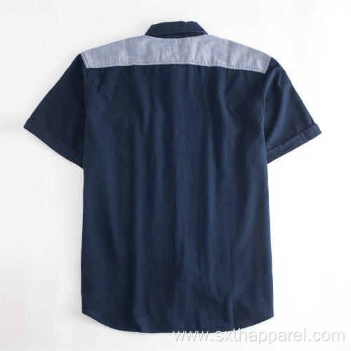 Men's Dark Blue Pockets Short Sleeve Embroidered Shirts